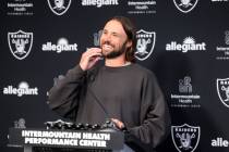 New Raiders quarterback Gardner Minshew talks to the news media at Intermountain Health Perform ...
