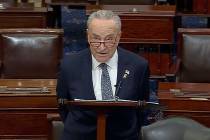 In this image from video provided by Senate TV, Senate Majority Leader Chuck Schumer, D-N.Y., s ...