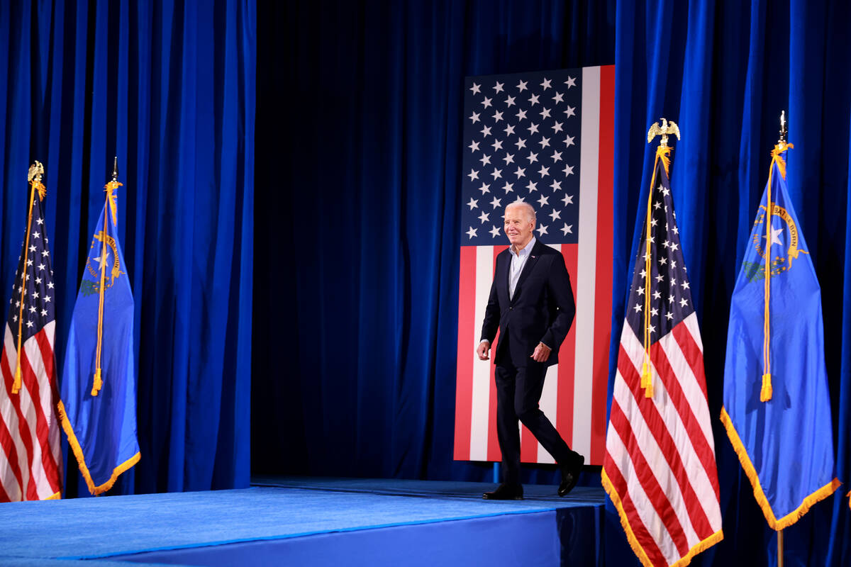 President Joe Biden takes the stage at Stupak Community Center in Las Vegas Tuesday, March 19, ...