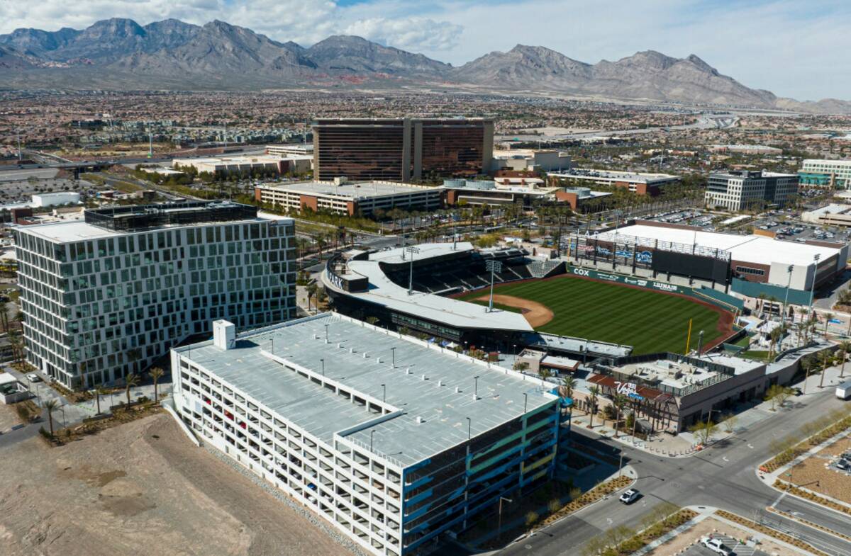 An aerial view of 1700 Pavilion, left, a ten-story office building, Red Rock Casino Resort and ...