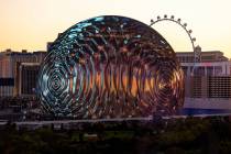 A metallic ball graphic during the opening night of the Sphere with U2 concert on stage Friday, ...