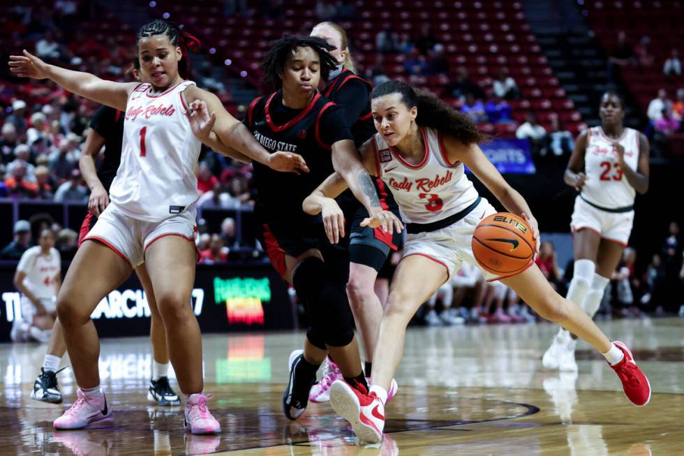 UNLV Lady Rebels guard Kiara Jackson (3) powers toward the hoop against San Diego State Aztecs ...