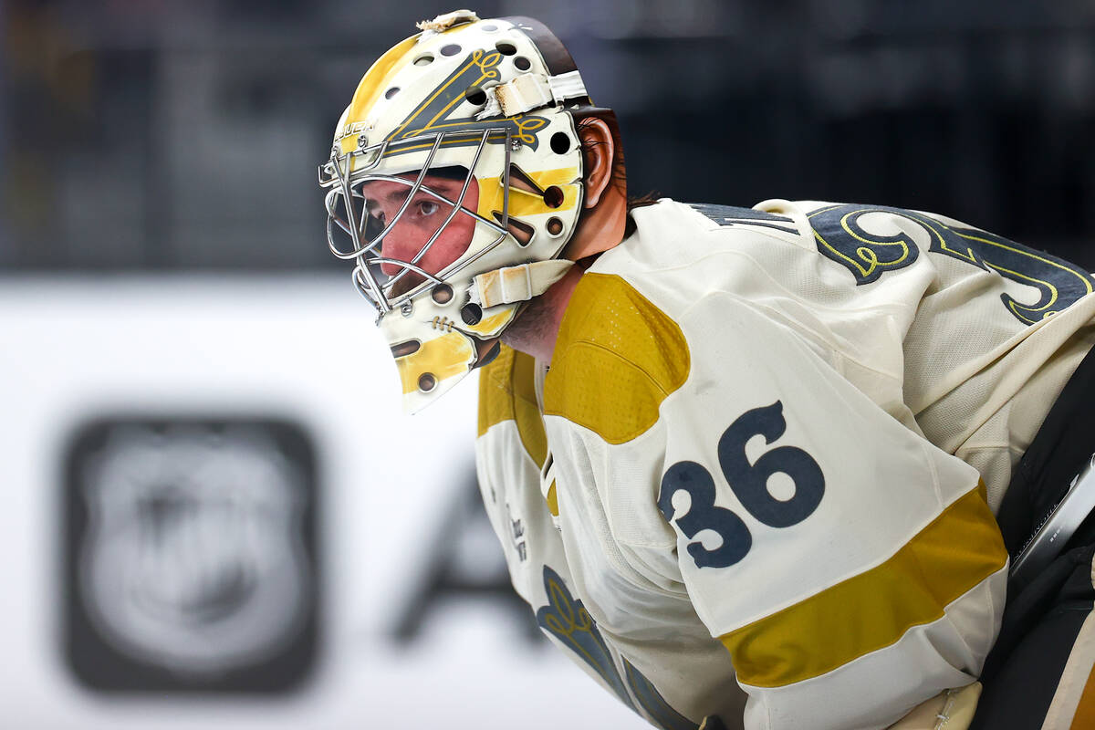 Golden Knights goaltender Logan Thompson (36) looks up the ice during the second period of an N ...