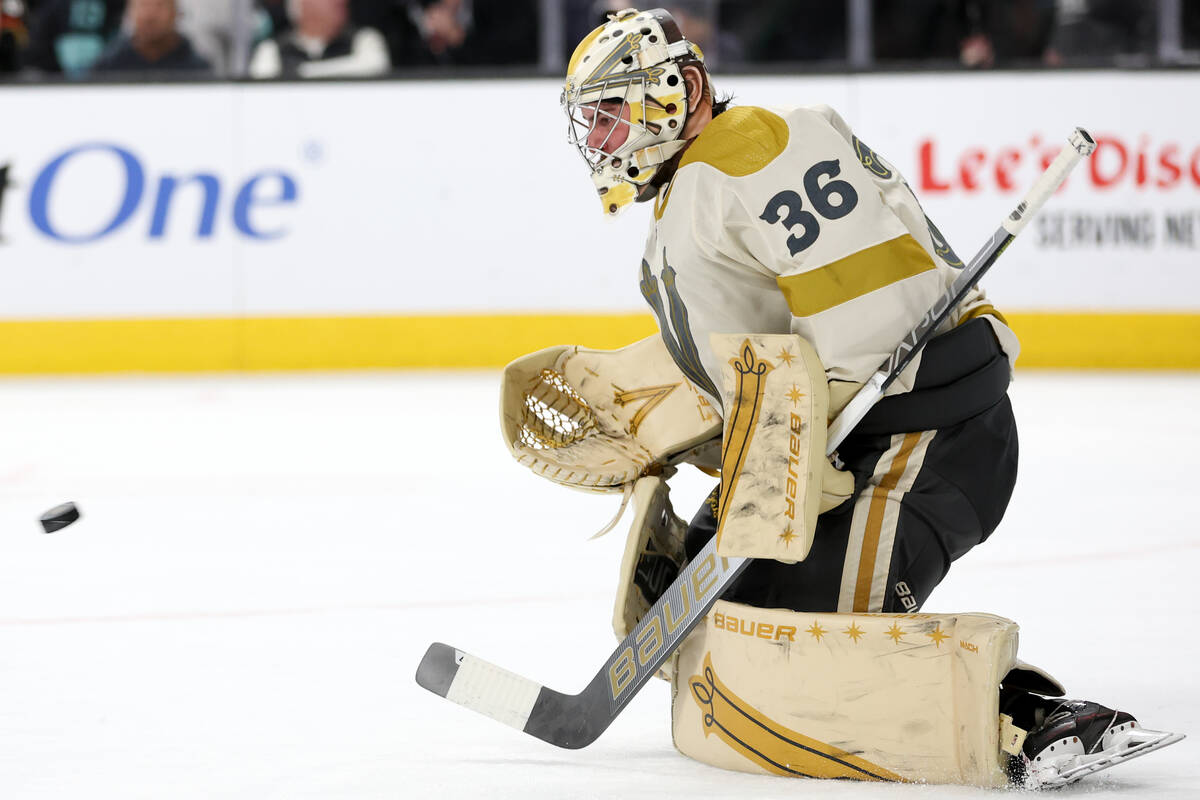 Golden Knights goaltender Logan Thompson (36) prepares to save the puck during the second perio ...