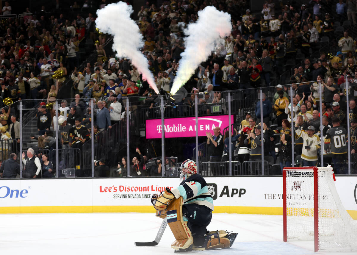 Golden Knights goaltender Isaiah Saville reacts after the Golden Knights scored during the thir ...