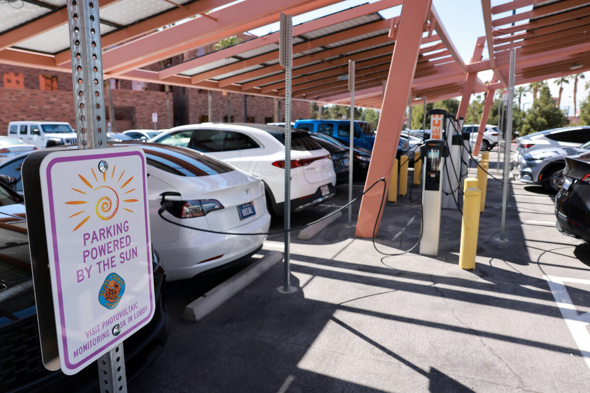 Electric vehicles charge at the Clark County Government Center in Las Vegas on Wednesday, March ...