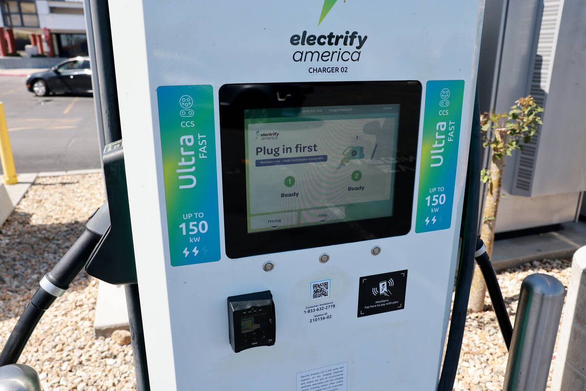 An Electrify America charging station is shown at Maryland Parkway and Flamingo Road in Las Veg ...