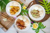 Fried shrimp, kalua pork and barbecue chicken plate lunches from L&L Hawaiian Barbecue, which h ...