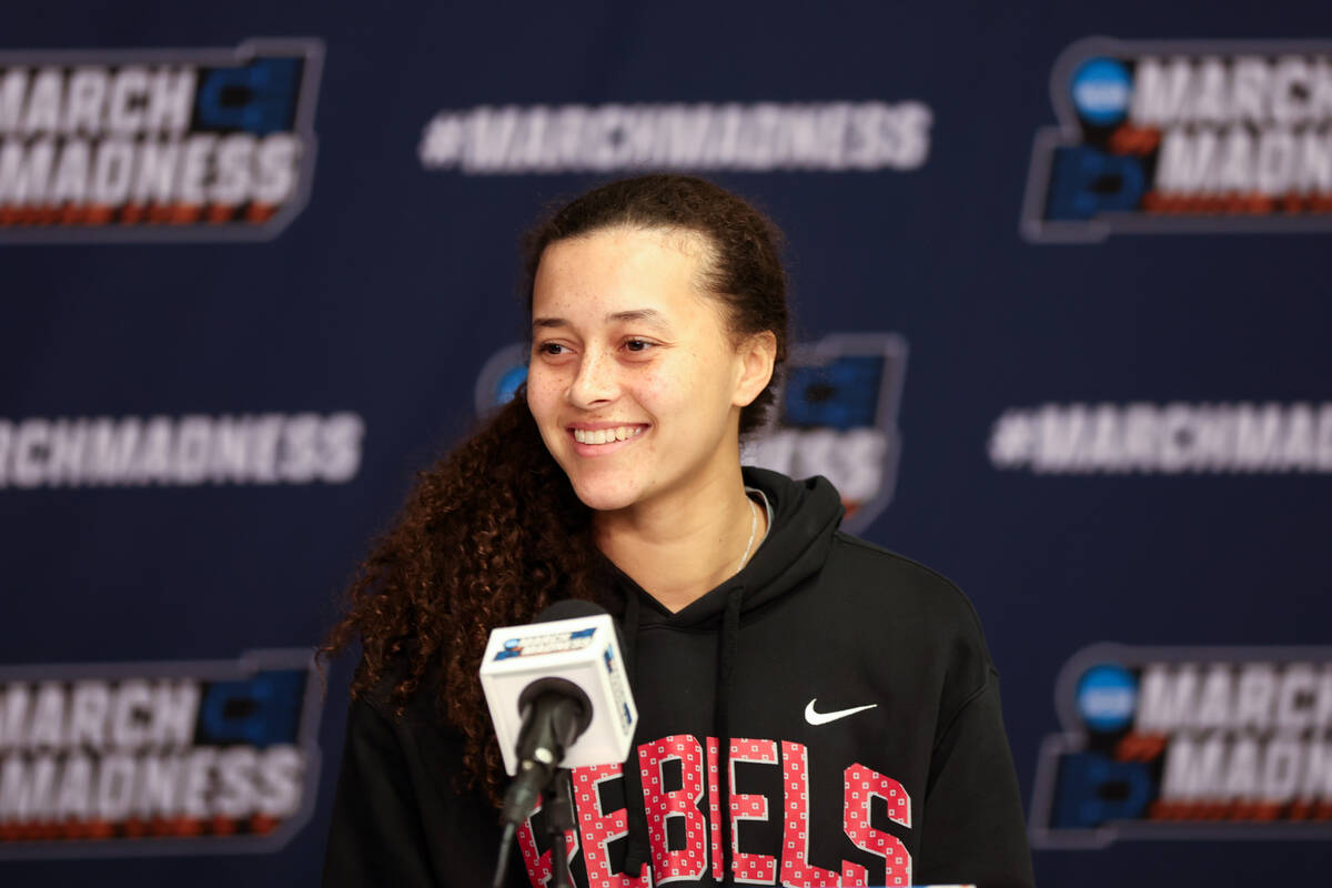 UNLV Lady Rebels guard Kiara Jackson speaks during a news conference before practice at UCLA&#x ...