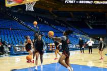 The UNLV Lady Rebels practice at UCLA’s Pauley Pavilion on Friday, March 22, 2024, in Lo ...