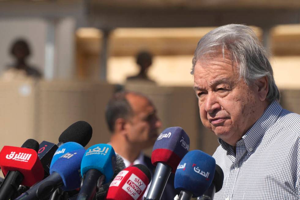 United Nations Secretary General Antonio Guterres speaks after his visit to the Rafah border cr ...