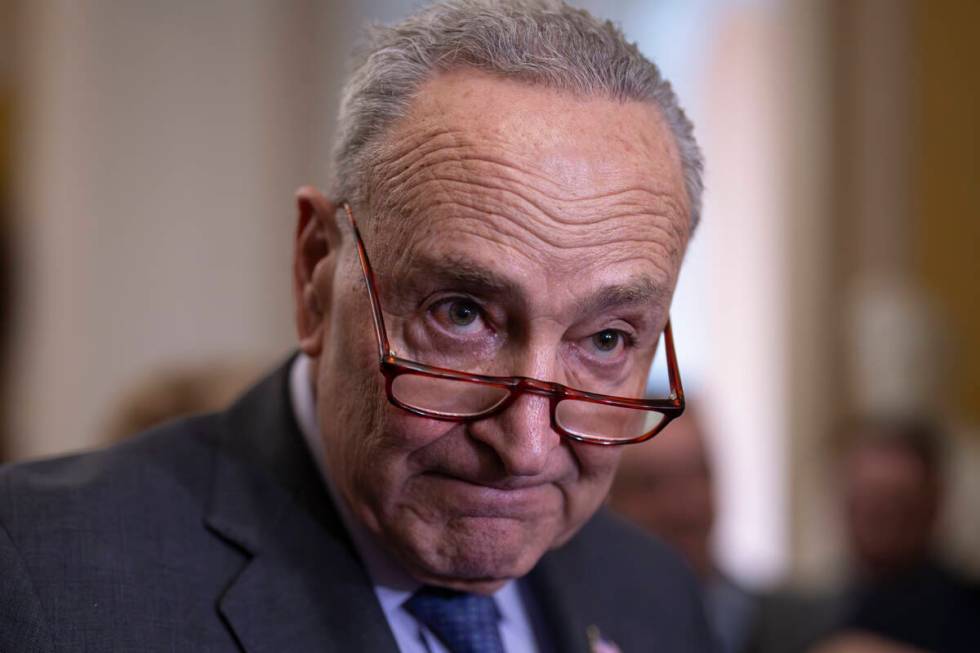 FILE - Senate Majority Leader Chuck Schumer, D-N.Y., talks withreporters to discuss efforts to ...