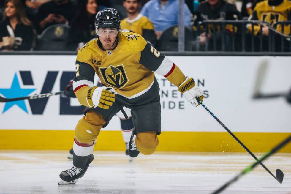 Golden Knights defenseman Zach Whitecloud (2) speeds down the ice during an NHL hockey game bet ...