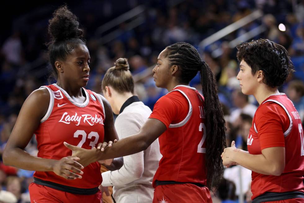 UNLV Lady Rebels center Desi-Rae Young (23) leaves the court during the final minutes of a firs ...