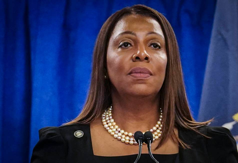 FILE - New York Attorney General Letitia James speaks during a press briefing, Feb. 16, 2024, i ...