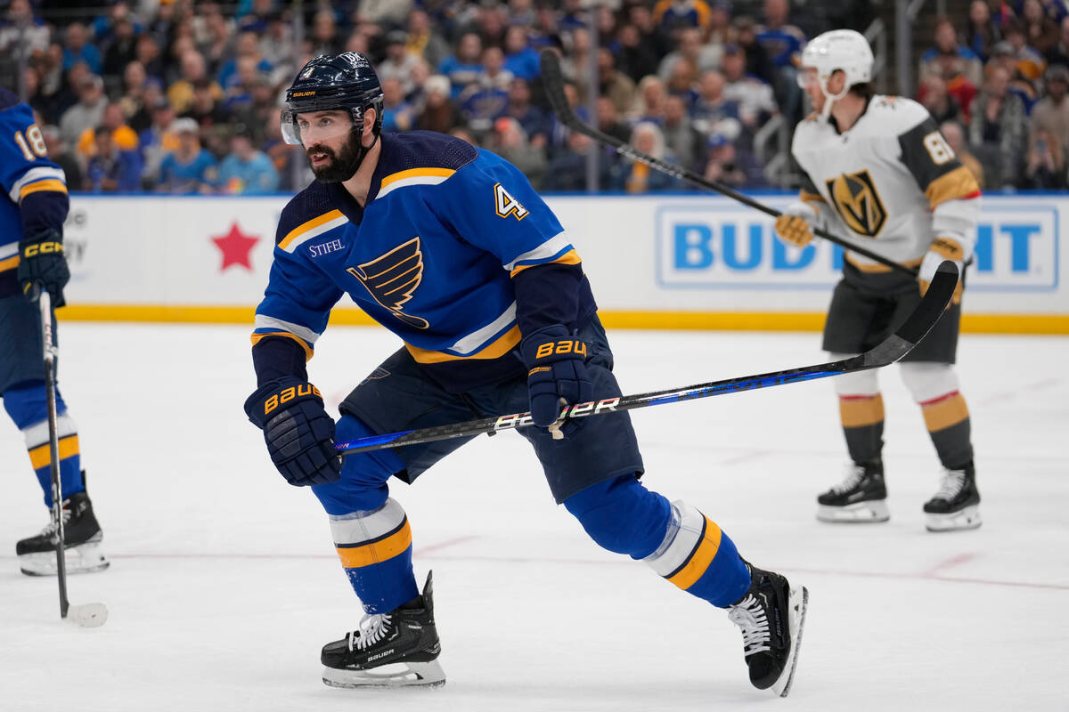St. Louis Blues' Nick Leddy (4) skates during the first period of an NHL hockey game against th ...