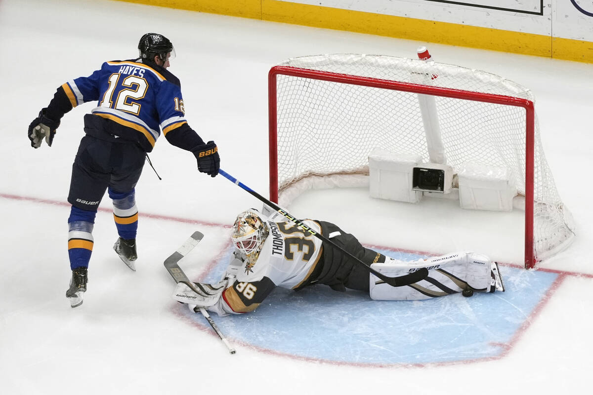 St. Louis Blues' Kevin Hayes (12) is unable to score past Vegas Golden Knights goaltender Logan ...
