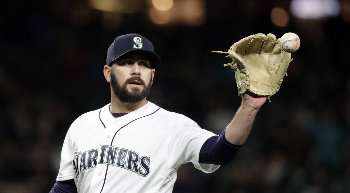 Seattle Mariners relief pitcher Chasen Bradford gets the ball back against the Oakland Athletic ...