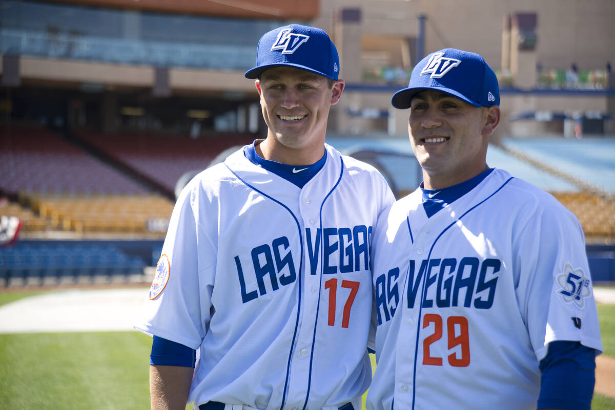 Las Vegas natives Paul Sewald (17), left, and Chasen Bradford (29) pose for photos during media ...