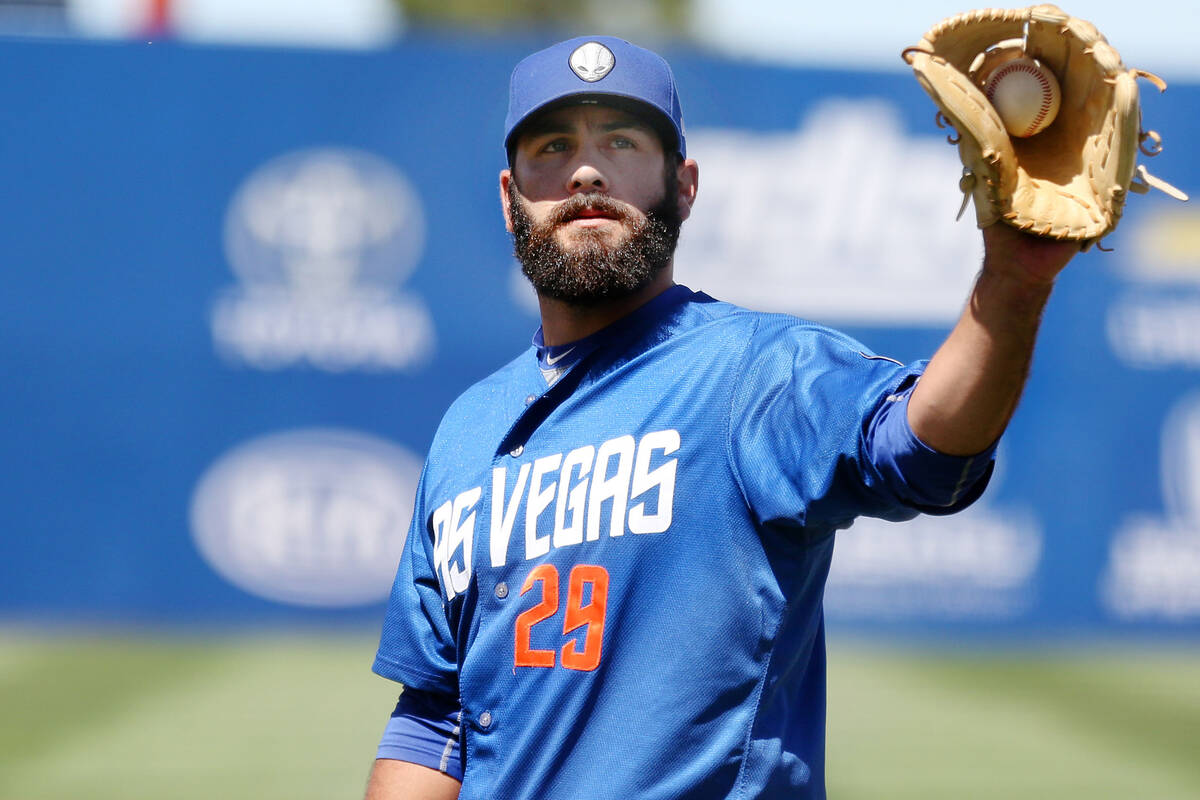 Las Vegas 51s pitcher Chasen Bradford catches the ball against Albuquerque Isotopes in the nint ...