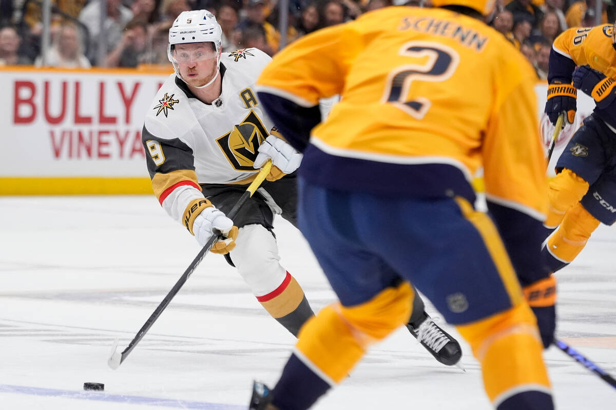 Vegas Golden Knights center Jack Eichel (9) skates the puck during the first period of an NHL h ...