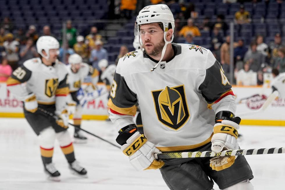 Vegas Golden Knights center Paul Cotter (43) warms up for the team's NHL hockey game against th ...