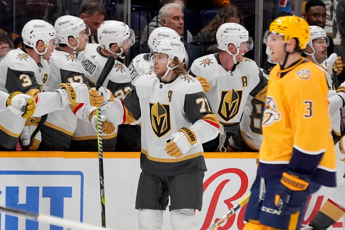 Vegas Golden Knights center William Karlsson (71) celebrates his goal with teammates during the ...