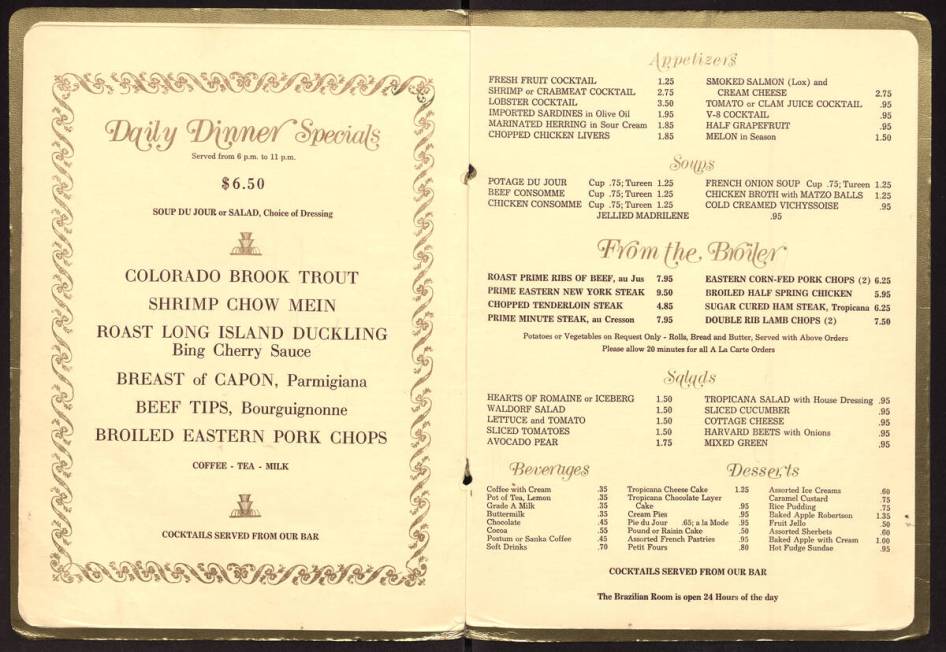 This is an undated, early-1960s menu from the Tropicana Hotel and Country Club. (Courtesy UNLV ...