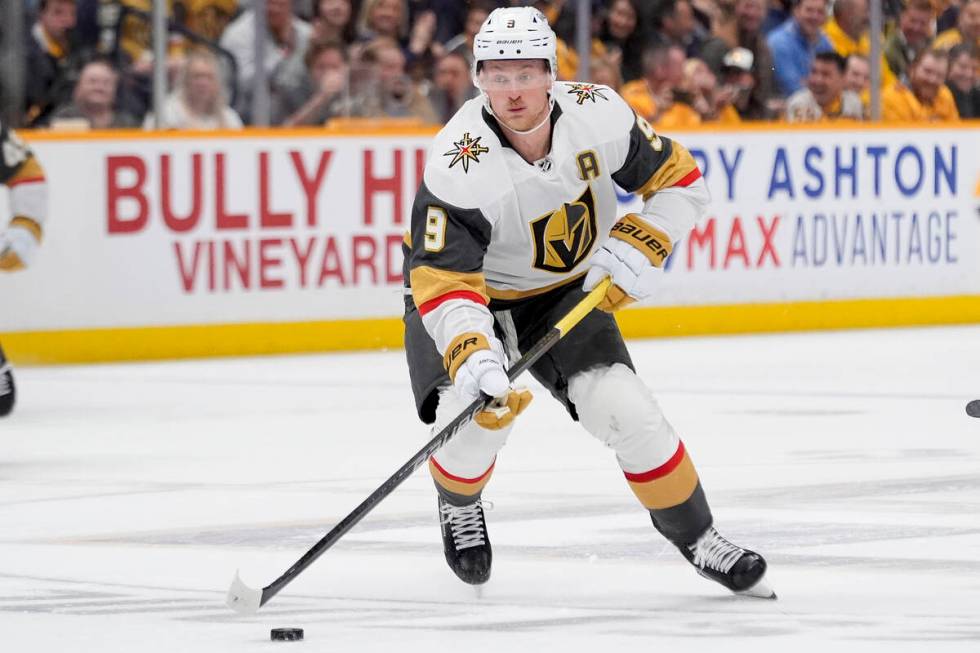 Vegas Golden Knights center Jack Eichel (9) plays during the first period of an NHL hockey game ...