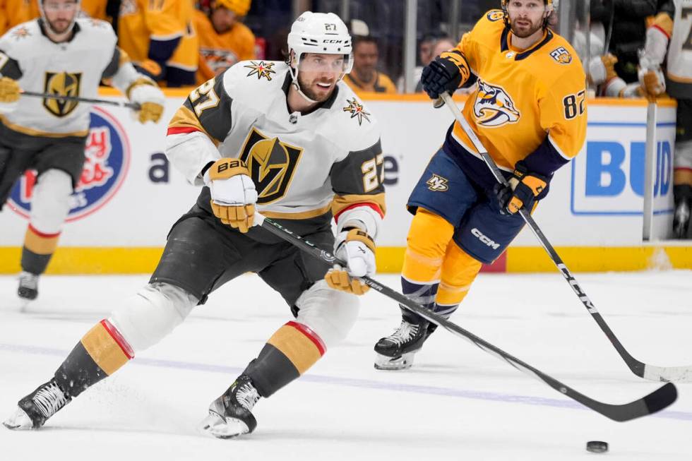 Vegas Golden Knights defenseman Shea Theodore (27) plays during the third period of an NHL hock ...