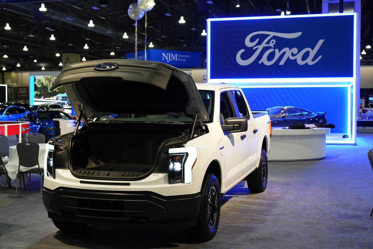 The Ford F-150 Lightning displayed at the Philadelphia Auto Show, Jan. 27, 2023, in Philadelphi ...