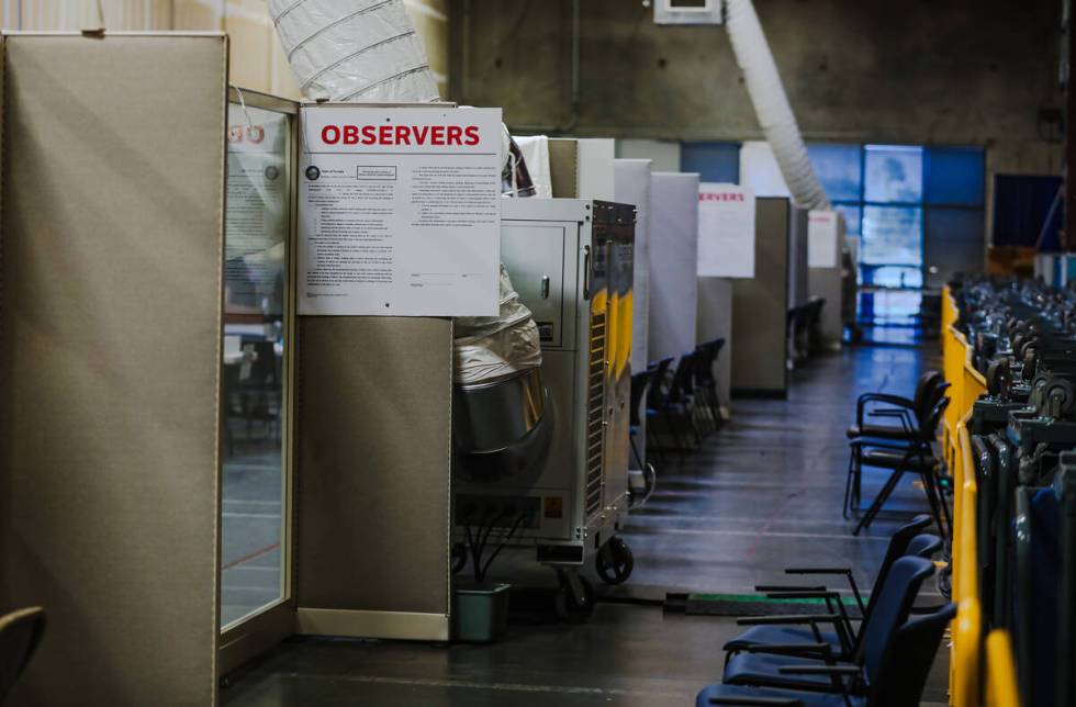 The area for observers to watch the basic inspection and preparation of ballots for tabulation ...