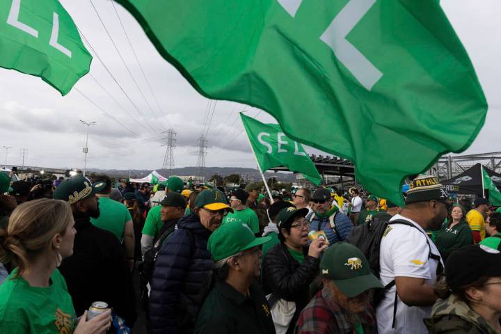 A group of fans and protesters gather in the parking lot outside the Oakland Coliseum before th ...
