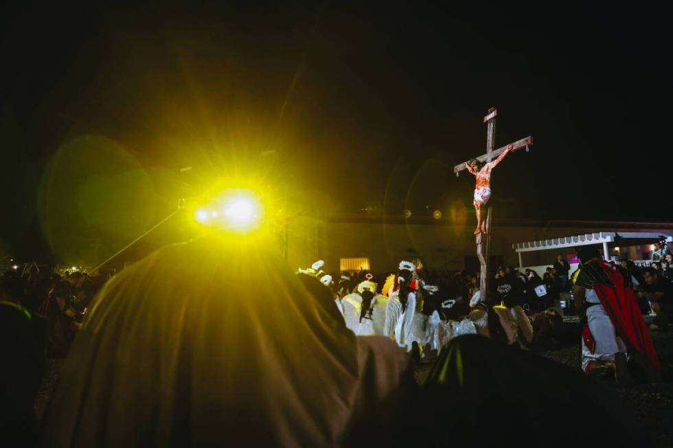 The Stations of the Cross are acted out during a live performance for Good Friday at St. Bridge ...