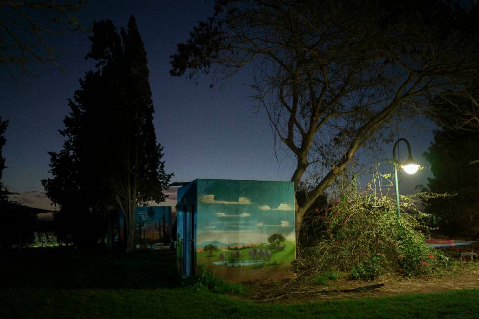 A rocket shelter is decorated with images of elephants at Kibbutz Nahal Oz, Israel, Wednesday, ...