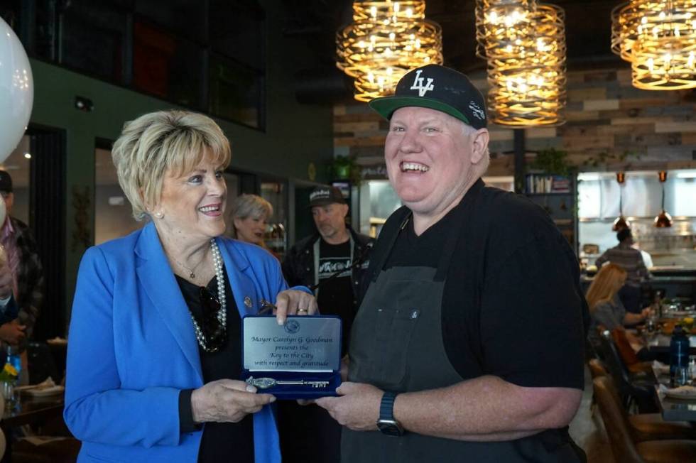Mayor Carolyn Goodman is shown with Esther's Kitchen Chef James Trees on Thursday, March 28, 20 ...