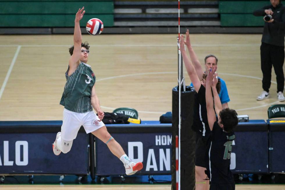 Arbor View’s Reece Brenner returns a shot to Palo Verde during their NIAA volleyball gam ...