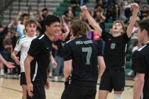From left, Palo Verde’s Dylan Ho, Blake Madsen, and Cole Manning celebrate with teammate ...