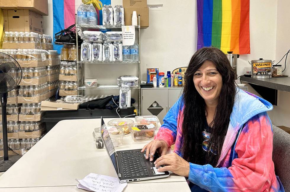 Jamie Lee Sprague-Ballou works on her laptop computer in the nonprofit Las Vegas TransPride off ...