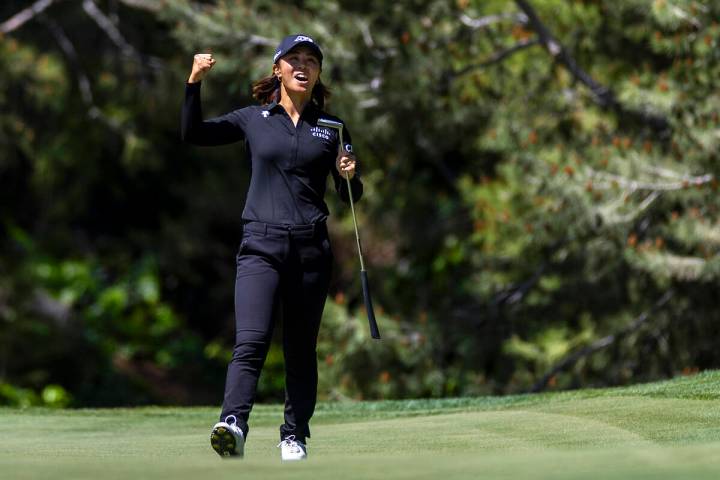 Danielle Kang reacts to a huge putt on the 9th hole during the first day of the LPGA T-Mobile M ...