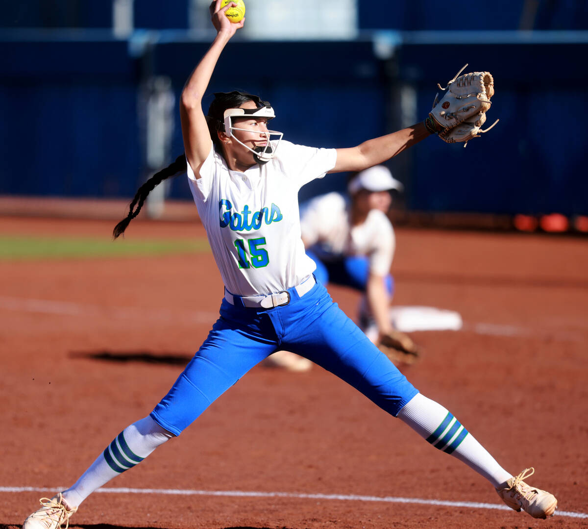 Green Valley pitcher Gracie Rasavong throws against Bishop Gorman in the third inning of their ...