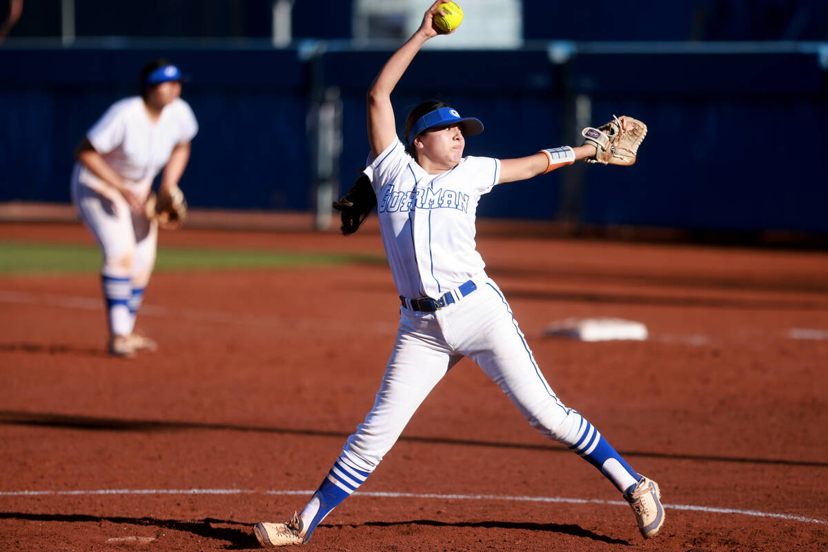 Bishop Gorman pitcher Aiyanna Laurian throws against Green Valley in the seventy inning of thei ...