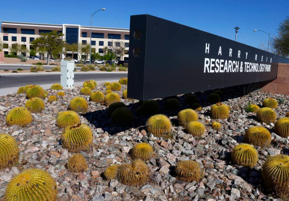 UNLV Black Fire Innovation, the first flagship tech building, left, is pictured at the Harry Re ...