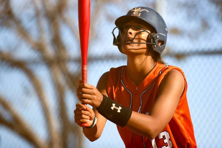 Legacy’s Madison Castellon (13) prepares to bat during a high school softball game again ...