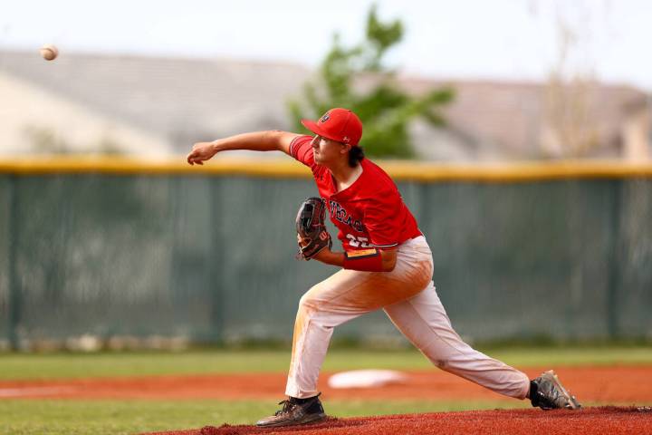 Las Vegas pitcher Dallas Martinez throws to Palo Verde during a high school baseball game on Th ...