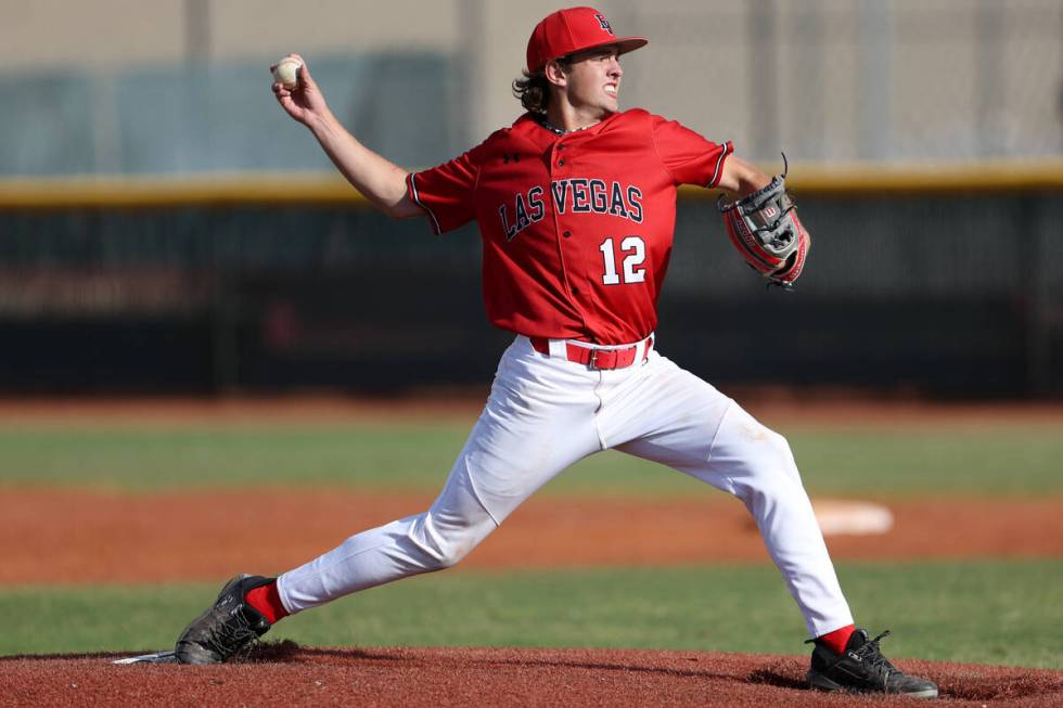 Las Vegas pitcher Carter Francom (12) throws to Palo Verde during a high school baseball game o ...