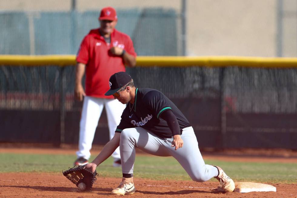 Palo Verde first baseman Tanner Johns catches for an out on Las Vegas during a high school base ...