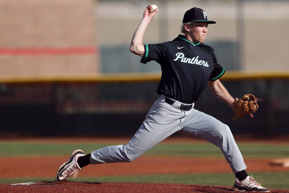 Palo Verde pitcher Branson Pullan throws to Las Vegas during a high school baseball game on Thu ...