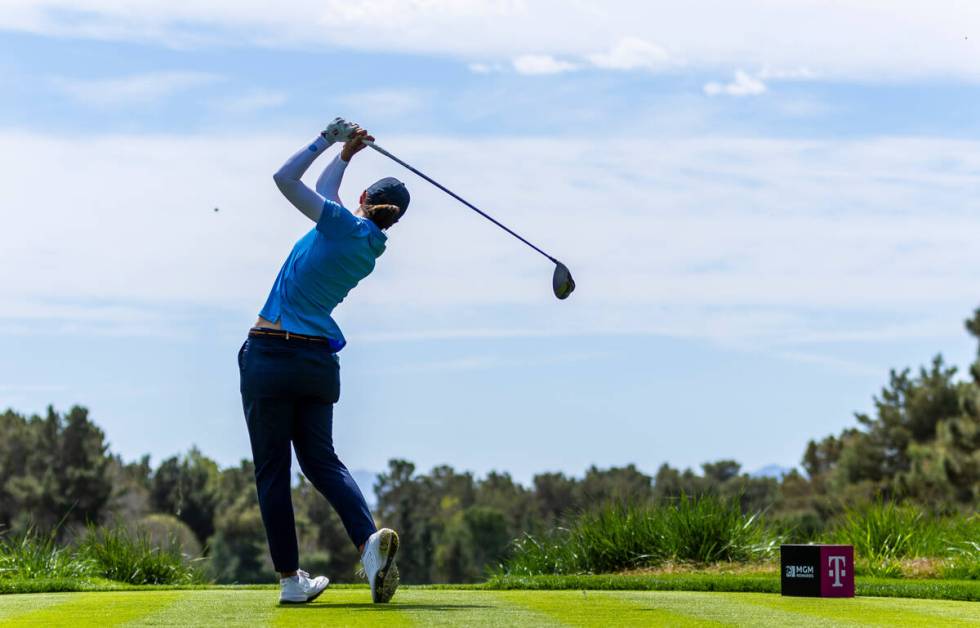 Carlota Ciganda watches her ball fly off the tee on the 15th hole during the second day of the ...