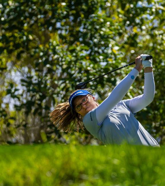 Brooke Henderson drives off the tee on hole #9 during the second day of the LPGA T-Mobile Match ...